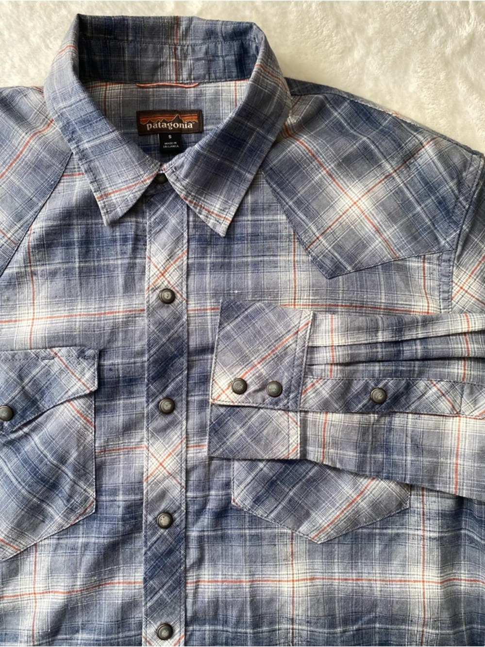 Patagonia Hemp Blend Western Snap Plaid Shirt - Men’s Small - Blue/Orange